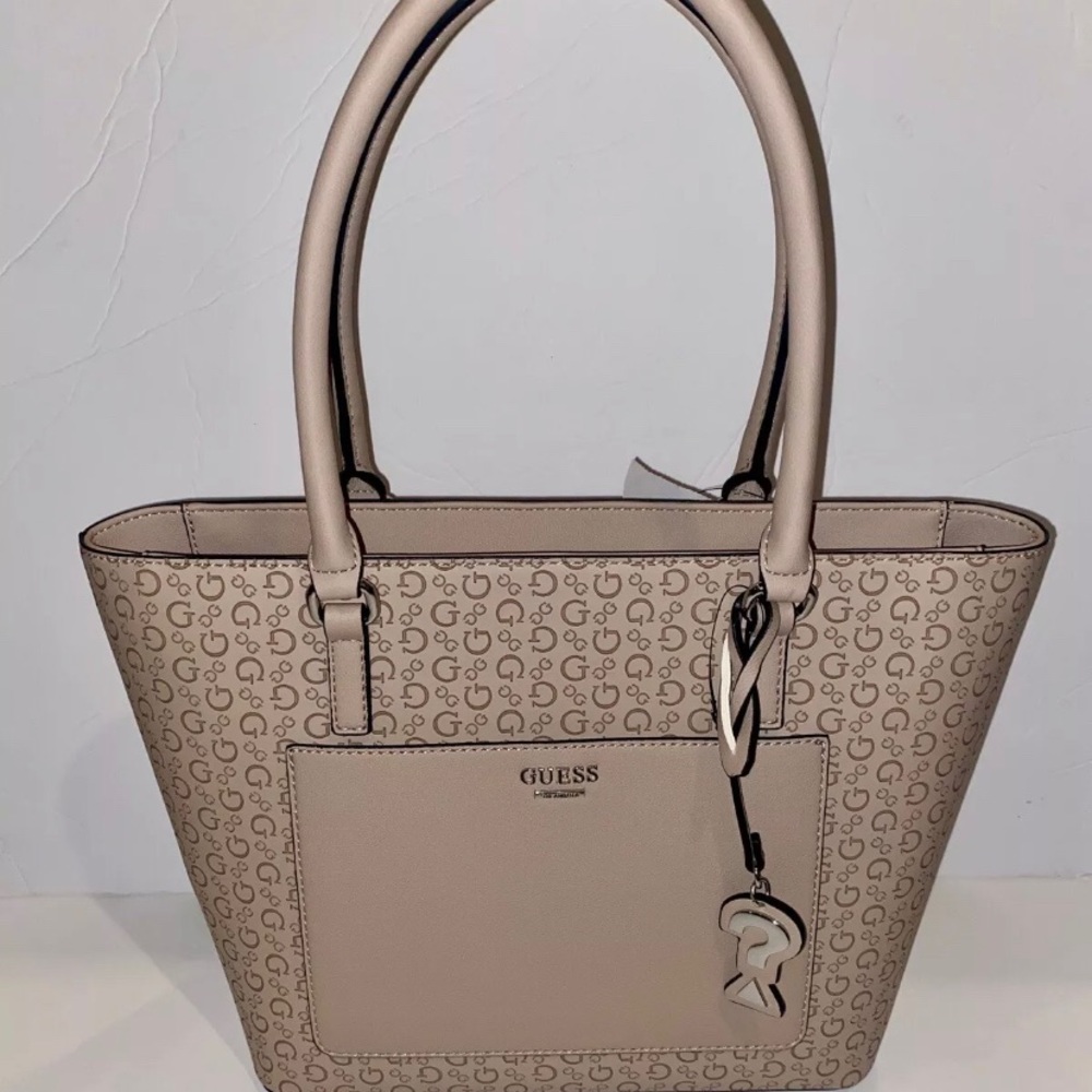 New Beige GUESS Purse Tote Hand Bag + Bag Charm Latte Cuba SE750822 NWT Embossed - Picture 2 of 5
